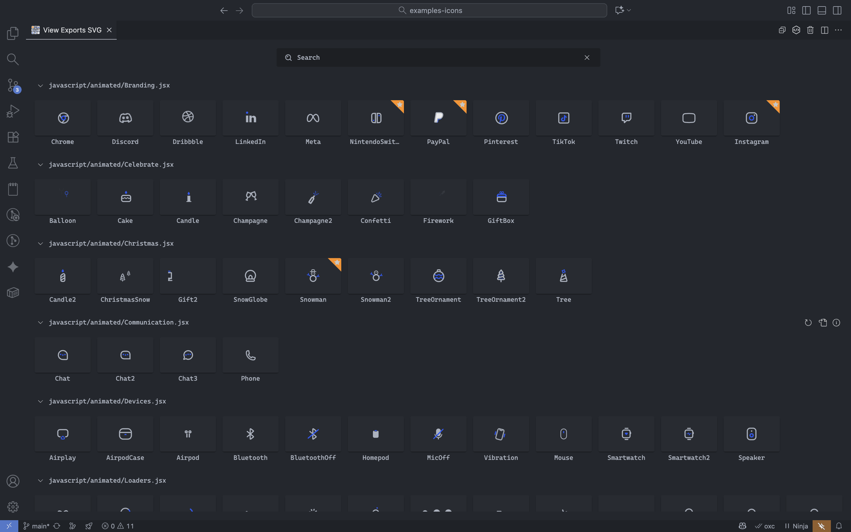 The main UI of the View Exports SVG panel showing a grid of SVG icons.